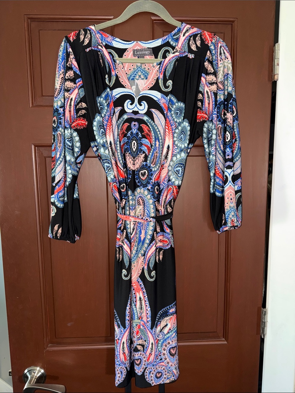 Luxology Black Paisley-Print Long Sleeve Midi Dress